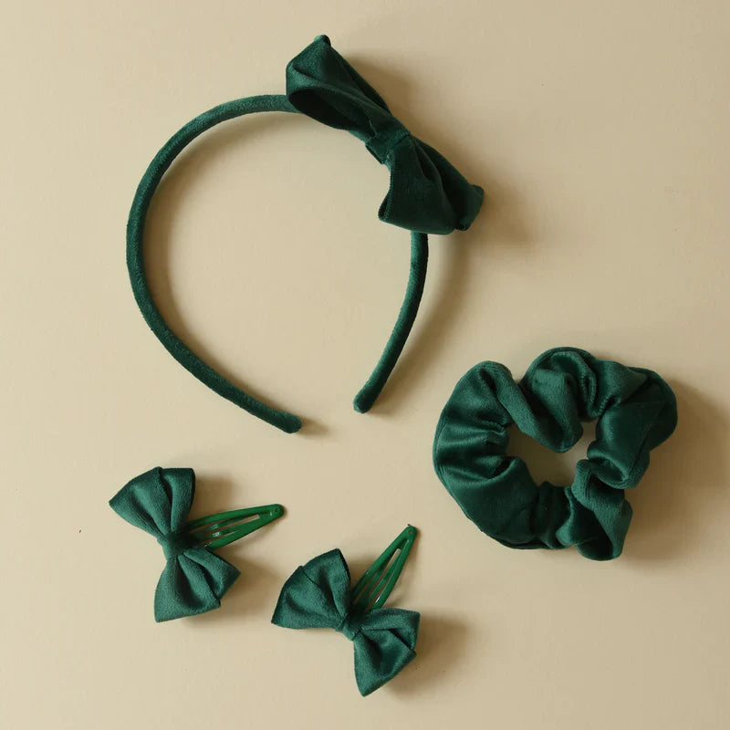 Velvet Bow School Hair Set Green