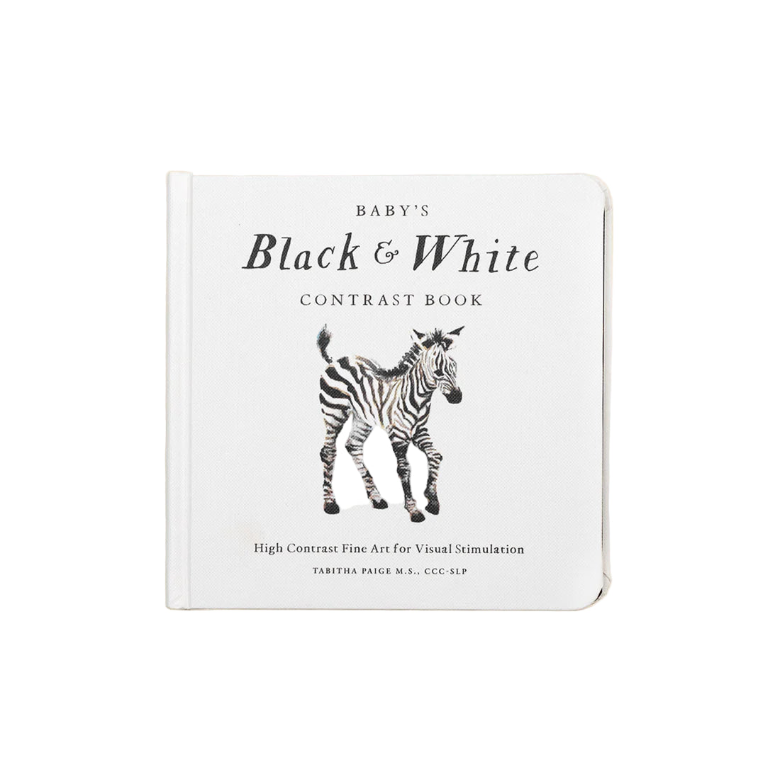 Book titled 'Baby's Black & White Contrast Book' with a zebra illustration on a beige background