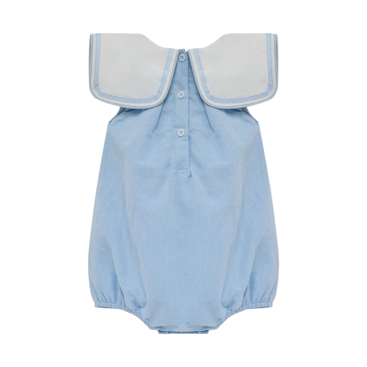 Light blue baby romper with white collar on a light gray background