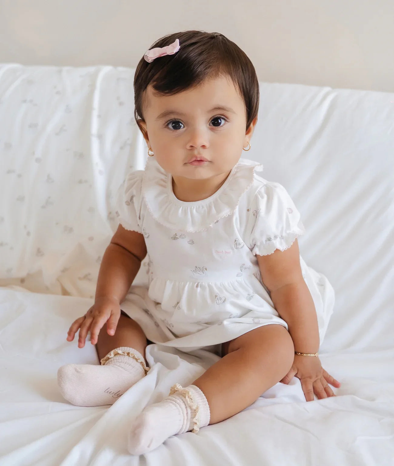 LIVLY Swans Ruffled Collar Dress White 6-9m